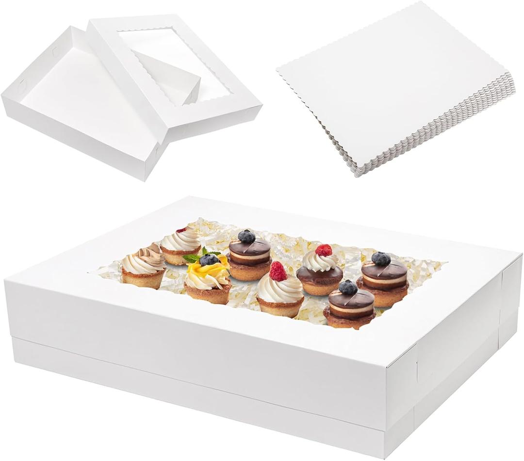 Mefleet 6pcs 19x14x4 Half Sheet Cake Boxes with 6pcs Cake Boards Rectangle 1/2 Sheet Bakery Boxes with Window for Pastry Baking Cake, Cupcakes, Donuts, Cookies, Pie Treat Packaging White Large