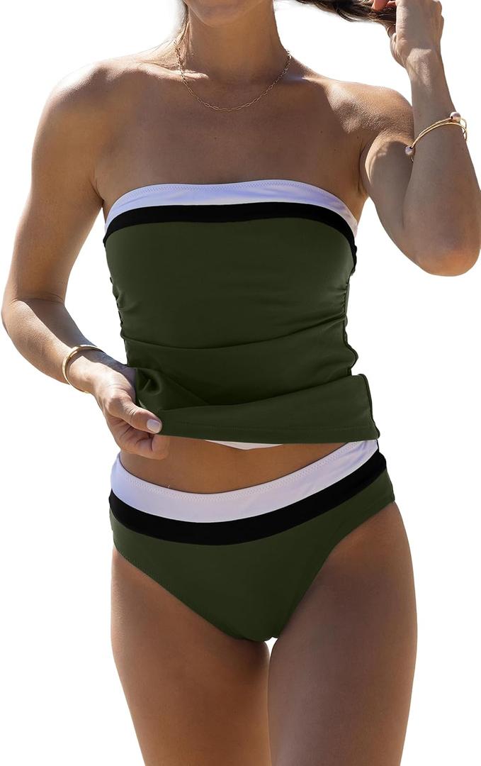 Beachsissi Women's Bandeau Swimsuits Strapless Tummy Control Color Block Tankini Sets (Large, Dark Green)