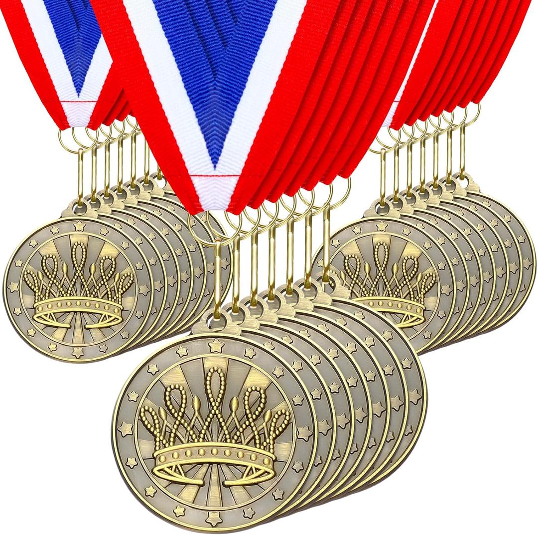 Remuuly 20 Pcs Beauty Pageant Medals 2 Inch 3D Gold Beauty Queen Trophy Medal Princess Tiara Pageant Prizes Beauty Queen Award Medals with Neck Ribbon