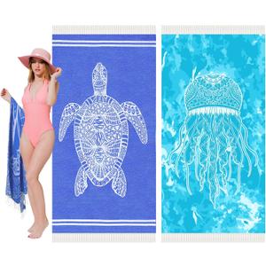 Thin Turkish Beach Towel Lightweight Soft Cotton Extra Large XL Oversized Sand Free Sandproof Absorbent Quick Dry Towels Cloud Bath Pool Travel Compact Essentials Accessories for Adult Gifts (XL(79x36 IN,200x90 CM), 2 Pack Adarkblue Turtle Deepskyblue Jellyfish)