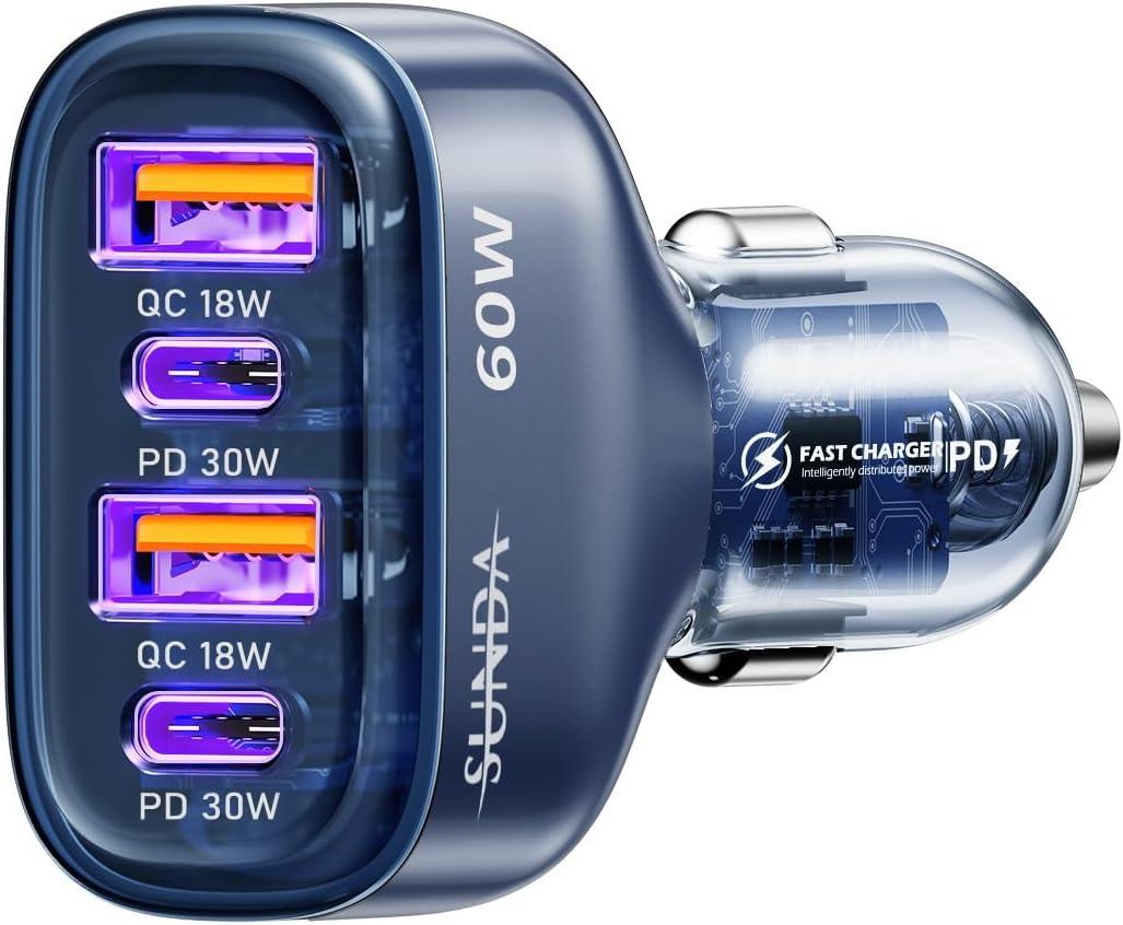 3 x SUNDA 60W USB C Fast Car Charger, 4-Ports Car Charger Adapter, Dual Type C PD30W/PPS30W Compatible with iPhone17/16 Pro/Max/iPhone15/Galaxy/SamsungS25, Dual USB-A 18W QC3.0 for Android(Blue)