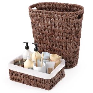 XLHOMO Bathroom Trash Can with Wicker Storage Baskets,12 Liter/3.2Gallon Small Trash Can Handwoven Waste Basket Narrow Small Garbage Can for Bedroom, Bathroom,Office