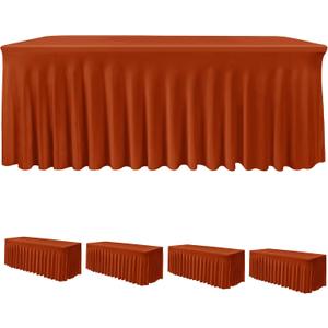 HolidayIdeas 4 Pack Spandex Table Skirts for 6 Foot Rectangle Table, Bulk Fitted 30x72 Inch Stretch Covers for Banquets, Craft Fairs, Rust