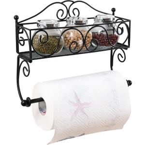 Adhesive Paper Towel Holder with Shelf, Wall Mount, 12in Black for Kitchen, Hand Towel Holder for Bathroom with Shelf