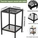 2-Tier Metal Side Table Square Small End Table with Storage Shelf Laser-Cut Leaf Pattern Accent Table Indoor Outdoor Small Space Coffee Table for Living Room, Bedroom, Patio, Plant Stand, Black, 11.8" L x 11.8" W x 17.7" H - 1 pack