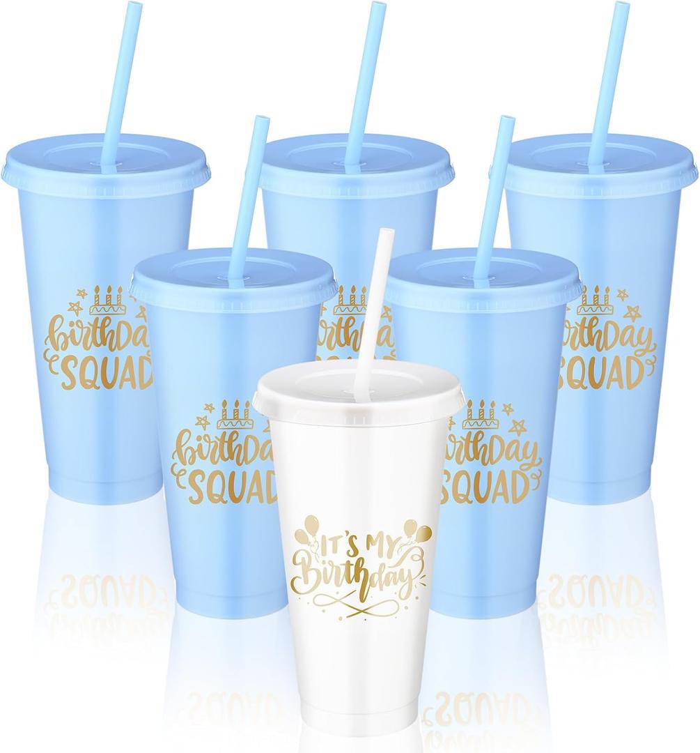 Birthday Party Tumblers 24 oz Squad Plastic Tumblers with Lid and Straw for 20th 30th 40th 50th 60th Birthday Decorations Favor for Women Adults(White, Blue,6 Pcs)