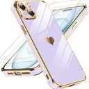 LeYi for iPhone 15 Plus Case: with Tempered Glass Screen Protector [2 Pcs]+ Full Camera Lens Protection,Love Heart Plating Girly Cute Luxury Soft TPU Shockproof Case for iPhone 15 Plus,Purple