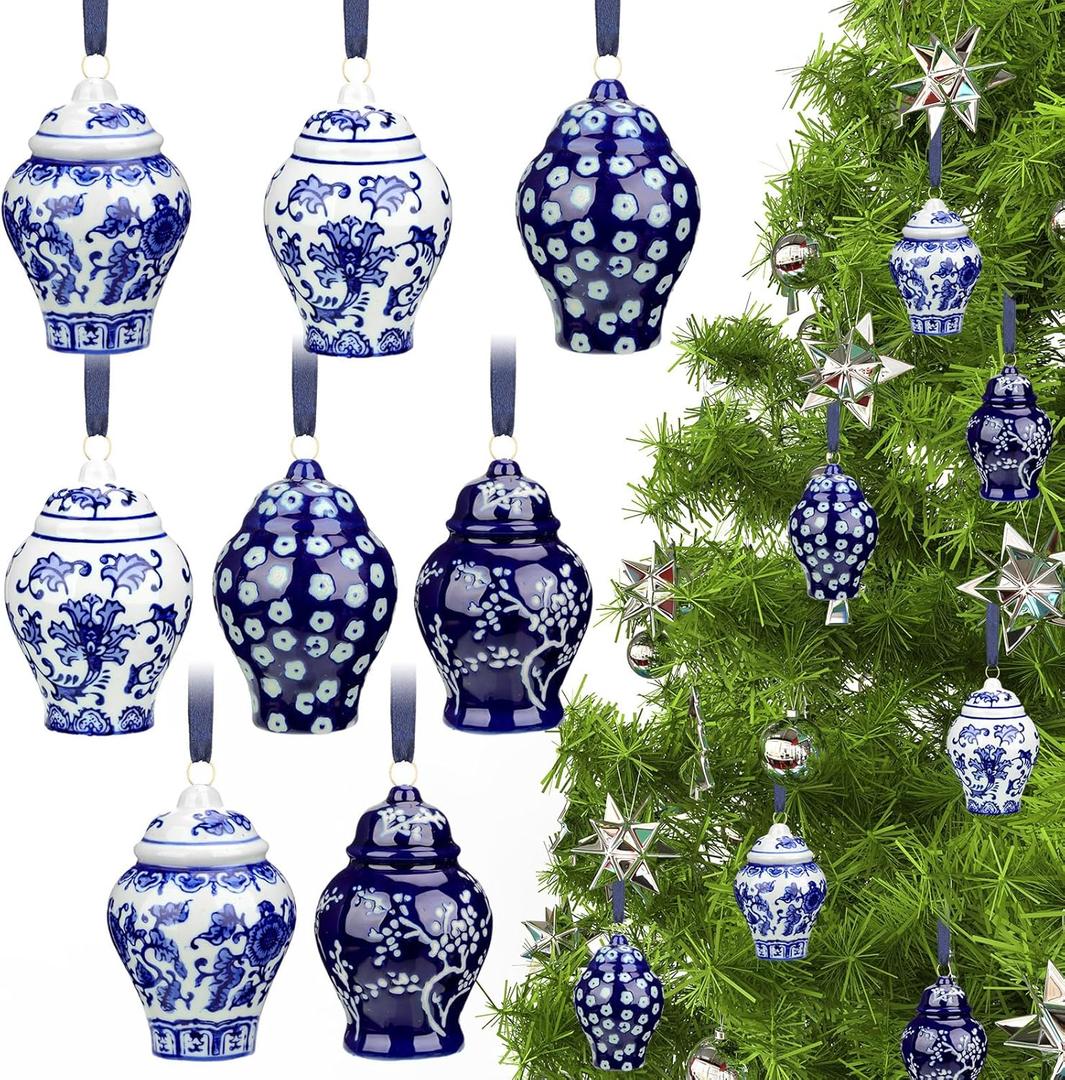 8 Pieces Christmas Chinoiserie Ornaments Mini Ginger Jar Ornaments Porcelain Hanging Ornaments Blue and White Ginger Jars Chinoiserie Decor for Xmas Tree Decorations(Stylish)