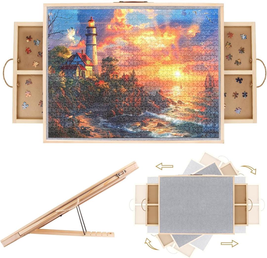 2 in 1 Rotating Tilting Puzzle Board with Drawers, 1500 Piece Jigsaw Puzzle Board with Portable Cover 4 Wheels 4 Sorting Tray for Puzzle Lovers, 35 X 27 Inch