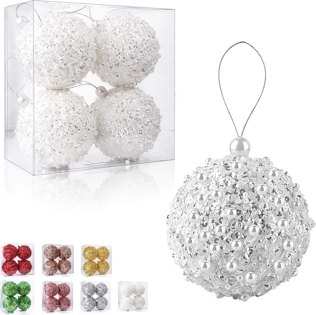 4.25" Christmas Ball Ornaments 4pc Set White Shatterproof Christmas Decorations Tree Balls for Xmas Trees Wedding Party Holiday Decorations Tabletop Small Trees Decoration (White)