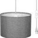 DEWENWILS Plug in Wall Light, Hanging Lamp with 15ft Clear Cord, On/Off Switch, Gray Fabric Lampshade, Hanging Light Fixtures for Bedroom, Kitchen, Living Room, Dining Room