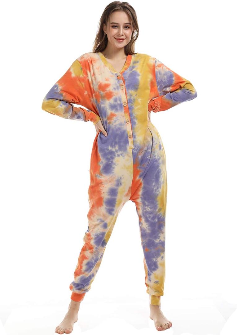 Lifeye Womens Onesie Pajamas Romper Sleepwear Set Tie Dye Long Sleeve Jumpsuit Homewear with Drop Seat Butt Flap (L)