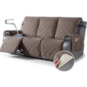 TAOCOCO 100% Waterproof Recliner Sofa Cover, Non Slip Split Couch Covers for Reclining Couches with Elastic Straps, Washable Reclining Sofa Cover Furniture Protector for Kids Pets(3 Seater, Taupe)