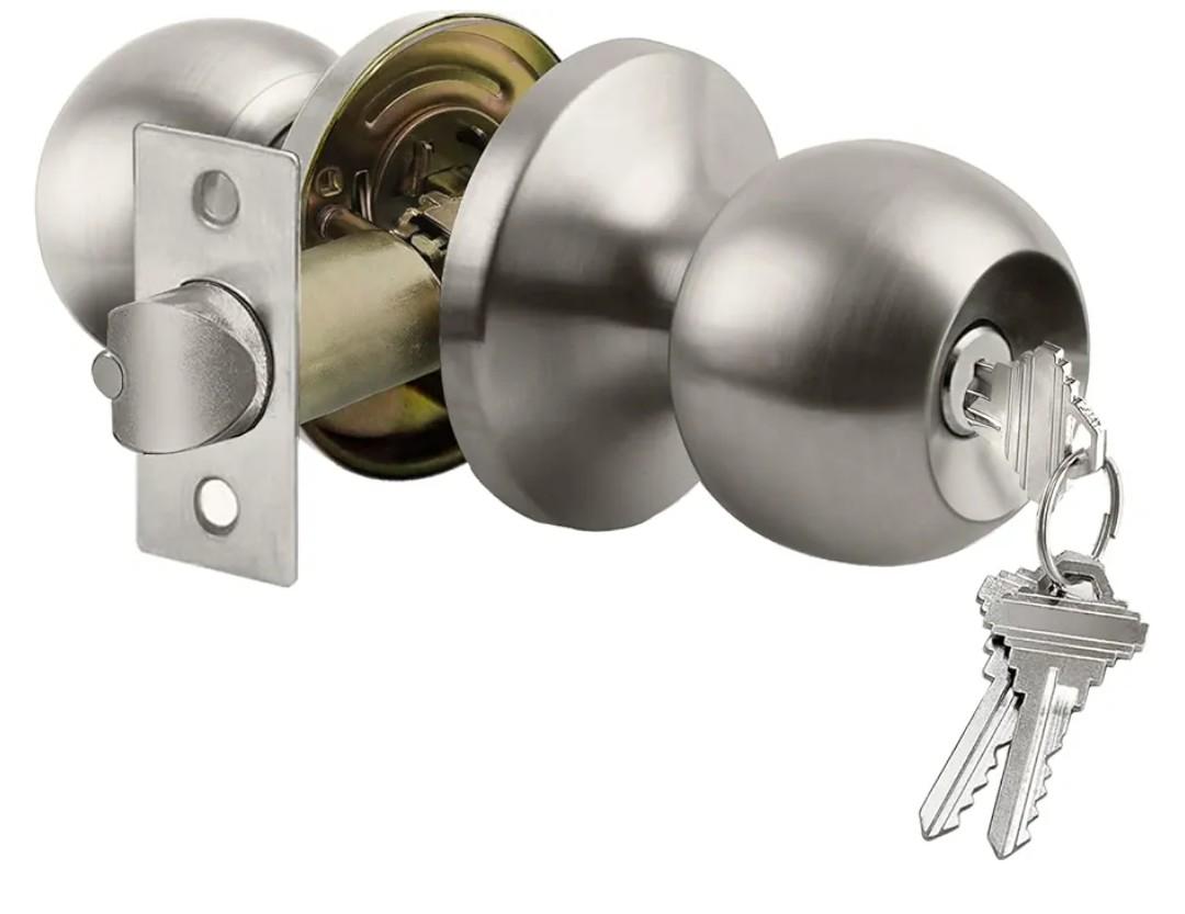 BESTTEN Keyed Entry Door Knob with Lock, Interior and Exterior Door Lock, Standard Ball, Satin Nickel Pack of 2