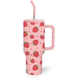 40oz Strawberry Tumbler with Lid Straw Handle Pink Red Cute Strawberry Water Bottle Stainless Steel Travel Mug Tumbler Cup for Iced Coffee Women Girl Birthday Party Favor, 1Pack