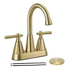 Brushed Nickel Bathroom Sink Faucet, SBOSBO 4 Inch Bathroom Faucet for Sink 3 Hole, 2 Handle Sink Faucet with Pop Up Drain Assembly and 2 Water Supply Hoses for RV Bathroom Vanity, Brushed Nickel, Brushed Gold 
