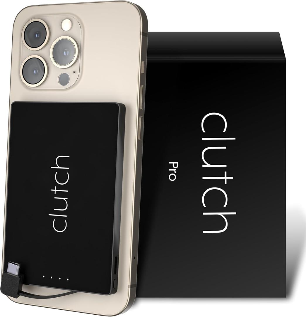 Clutch Pro – World's Thinnest Portable Charger – USB-C Power Bank 5000mAh – Magnetic Built-in Cable – TSA Approved Travel Charger – iPhone 15/16/17 & Android – Black