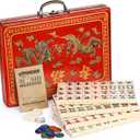 Cedilis Chinese Mahjong Game Set with 146 Large Tiles(1.4", Ivory), 2 Dice and Red Carrying Case for Chinese Style Game, Family Gathering