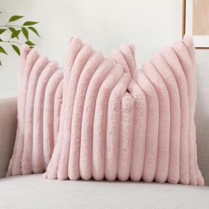 decorUhome Faux Fur Throw Pillow Covers 24x24 Set of 2, Decorative Soft Plush Striped Neutral Couch Pillow Covers with Velvet Back for Sofa, Bed, Living Room Home Decor, Pink