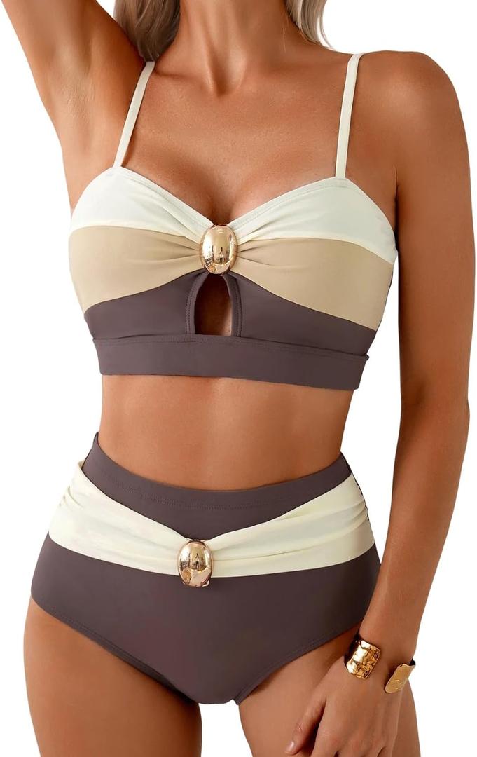 Herseas Women's 2 Piece Brown Contrast Color Bikini Sets Oval Metal Wire Free Swim Suits 2026 High Waisted Ruched Modest Sporty Bathing Suits Summer Flattering Resort Outfits, X-Large