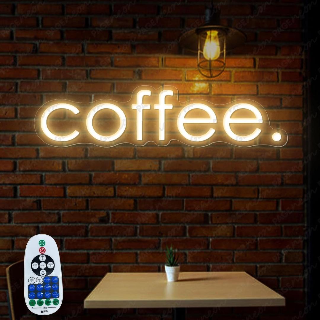 Coffee Neon Sign (24x6'' - Remote and Plug included) Cafe Led Light coffee. led light coffee shop decorations wall decor (24x6'', Warm White)