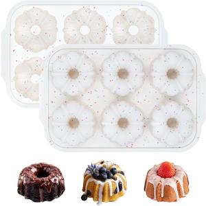 FUNBAKY Mini Fluted Tube Cake Pans for Baking with Metal Reinforced Frame, 2Pcs Silicone 6-Cavity Mini Flan Molds, Nonstick Baking Mold for Cupcake, Brownie, Donuts, Cornbread, Jello
