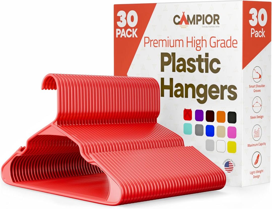 Plastic Clothes Hangers  Heavy Duty Hanger Set, for Organizing Clothes, Dresses, and Coat, Holds Up to 5 lbs, Space-Saving Hangers with Non-Slip Shoulder Grooves, Pack of 30, Red