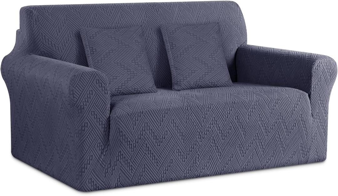 Ruaozz Stretch Loveseat Sofa Cover 1 Piece Couch Covers for 2 Cushion Couch Non Slip Loveseat Slipcover Soft Jacquard Furniture Protector with 2 pcs Throw Pillow Covers (2 Seater, Grey)