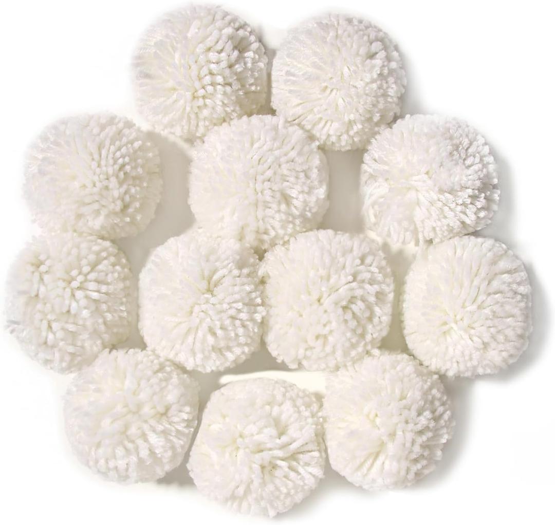 Pack of 12 Yarn Pom Poms for Hats 8CM-3INCH Party Supplies Handmade Detachable Art and Craft Fuzzy Pom Poms Decorative Accessories (White)