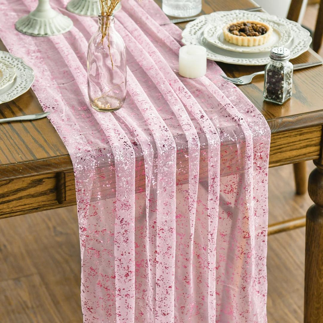 Artoid Mode 3PCS Pink Gold Gauze Table Runner 120 Inch 10FT, Glitter Metallic Foil Sheer Dining Wedding Anniversary Holiday Table Decor for Home Party