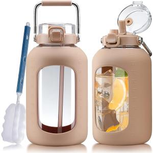 WINSA Large Glass Water Bottles with Stainless Steel Handle,100 oz Gallon Drinking Bottle with 2in1 Straw Lid,3 Liter Glass Water Jug with Silicone Sleeve,Wide Mouth,Amber