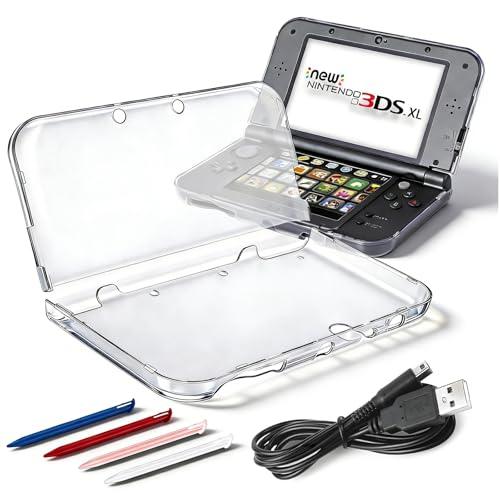 Vranzoral New 3DS XL Clear Case,Crystal Transparent Hard Shell for New 2015 Nintendo 3DS XL LL（New Modified Hinge-Less Design） Pack with 4 Stylus Pen for 3DS and 1 Charing Cable