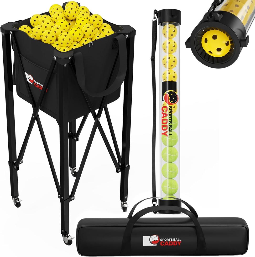 [2-in-1 Set] Tennis & Pickleball Hopper with Pickup Tube  Pickleball Caddy with Collapsible Metal Frame Ball Basket and Wheels & Carry Case  120 Tennis Balls or 100 Pickleball Ball Holder