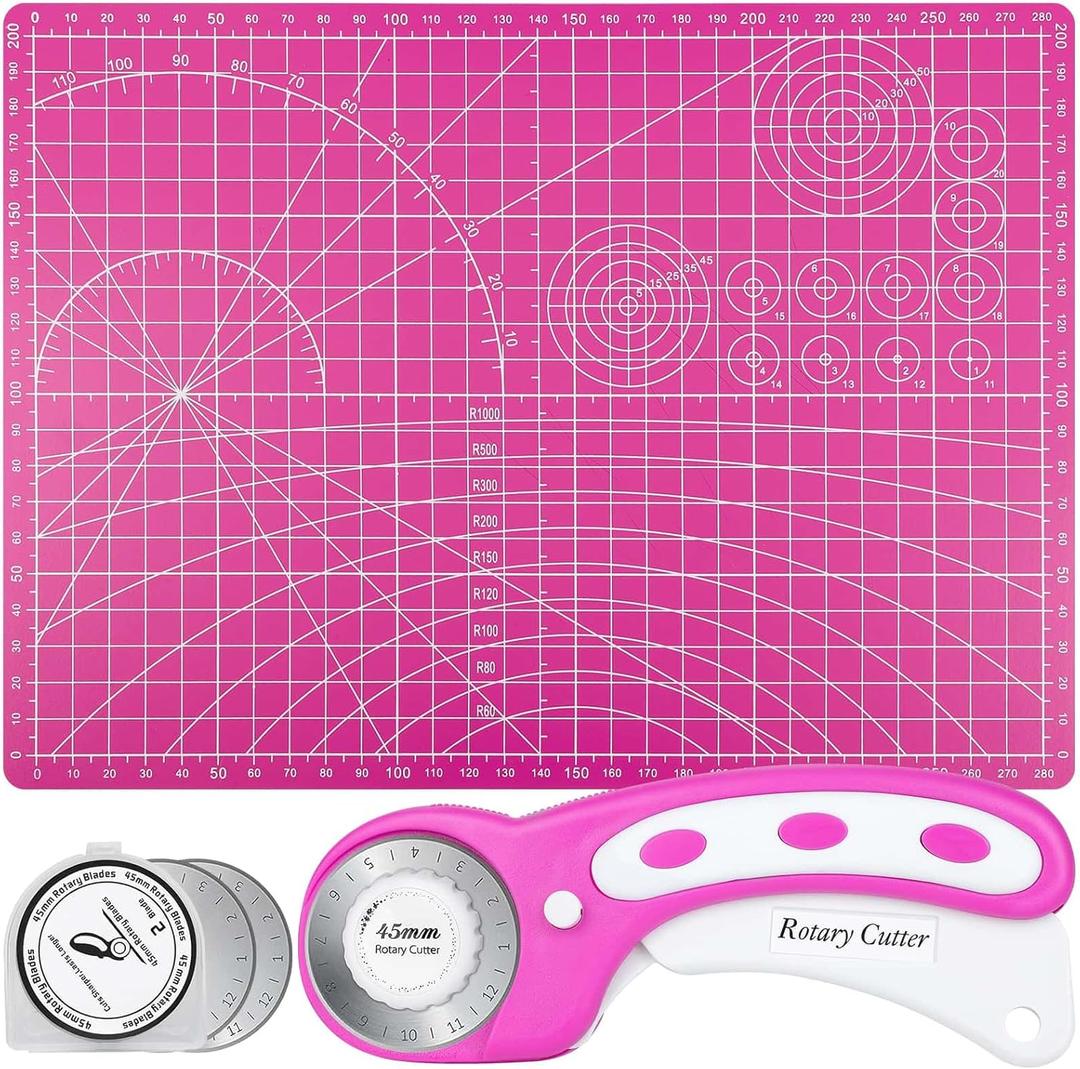 Rotary Cutter and Mat Set, Audab Self Healing Sewing Mats Shirt Cutter 45mm Fabric Cutter Wheel with 2 Blades Rotary Cutting Mat for Crafts Fabric Quilting Hobby (9" x 12" (A4) (Pink)