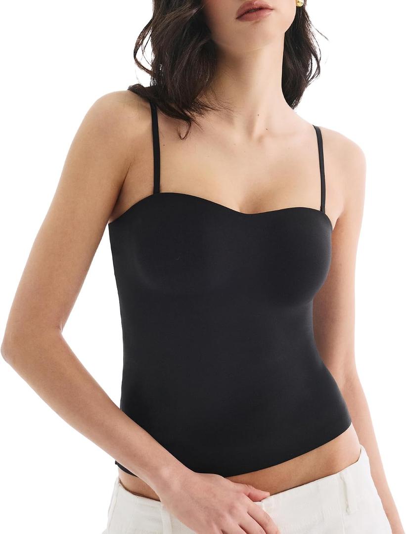 Built in Bra Tank Tops for Women, Double Lined Padded Cami Scoop Neck Spaghetti Straps Basic Summer Top 2026 (Black, S)