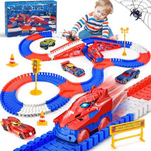 Spider Toys for Boys 3-4: 251 PCS Spider Race Track with 5 Alloy Cars Toys for 3 4 5 6 Year Old Boys Car Tracks for Kids Toddler Boy Age 3-5 4-6 6-8 Christmas Birthday Gifts (Red&blue)