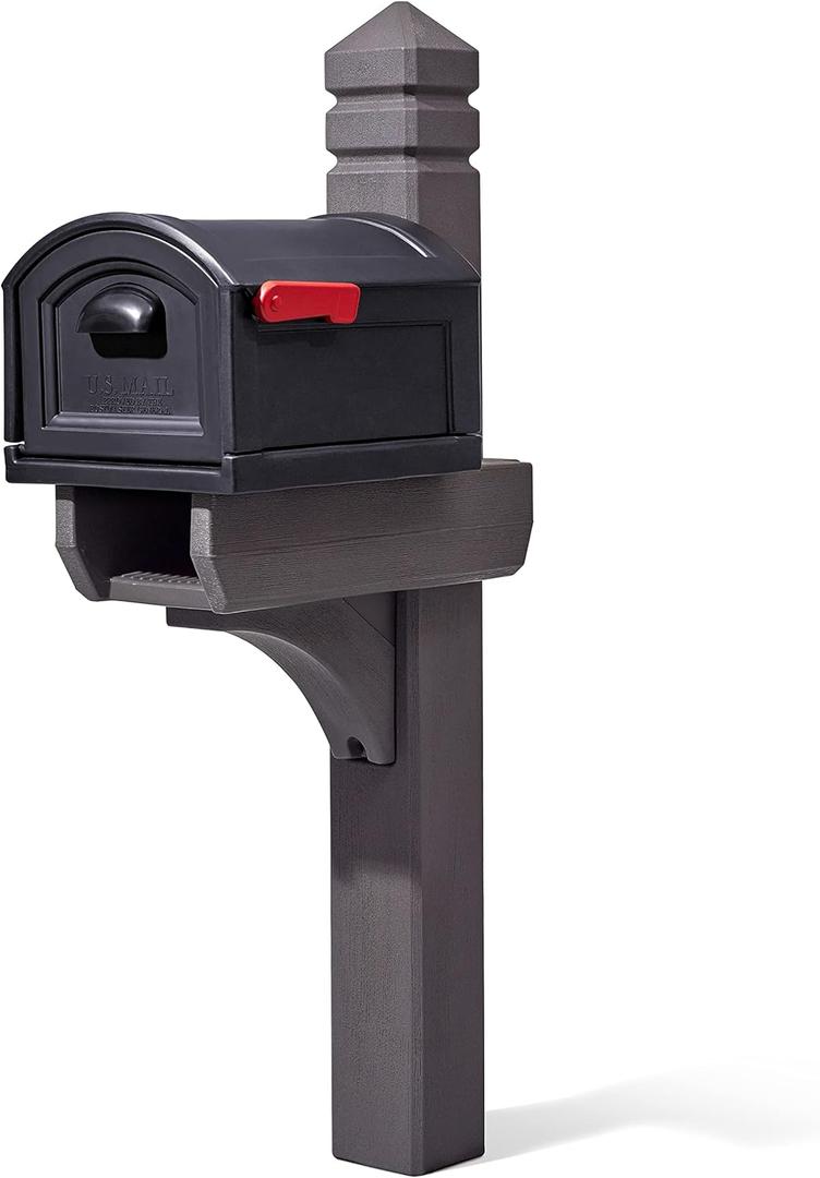 Step2 Lakewood Extra Large Mailbox & Post, Weather Resistant, Large Outdoor Mailboxes, Made of Durable Plastic, Easy to Install, Flag Included, Brown (Extra Large (T4))