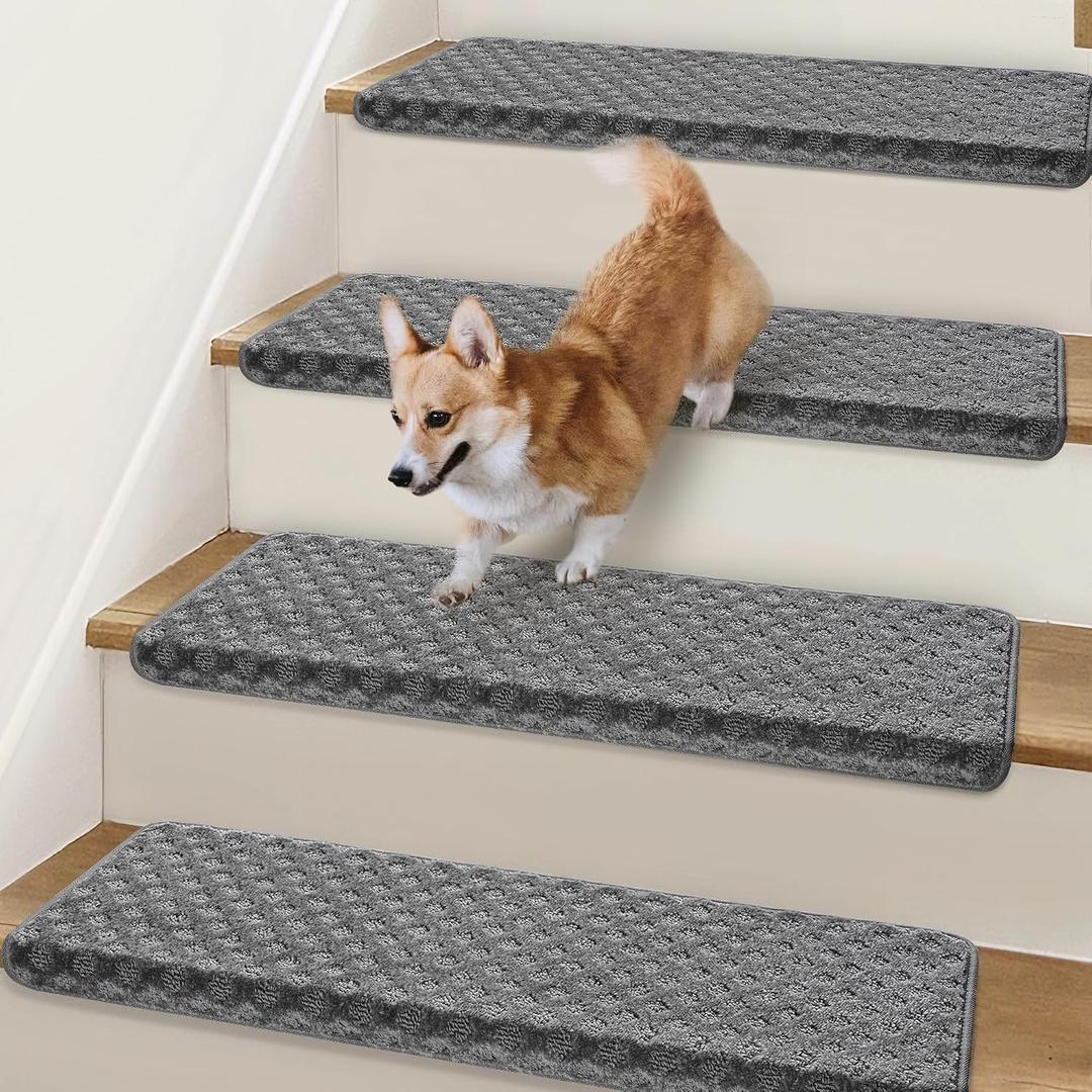 Bullnose Stair Treads Non Slip 9.5" x 32", 14 Pcs Carpet Stair Treads for Wooden Steps Indoor with Edge Protection, Reusable Peel and Stick TPU Backing Stair Runner Rugs - Lattice Pattern Grey