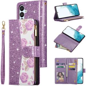 UEEBAI Wallet Case for Samsung Galaxy S25 FE 5G, PU Leather Wallet Magnetic Closure Handbag Zipper Pocket Cover Kickstand Card Slots with Hand Strap Rose Flip Case for Women - Bling Purple