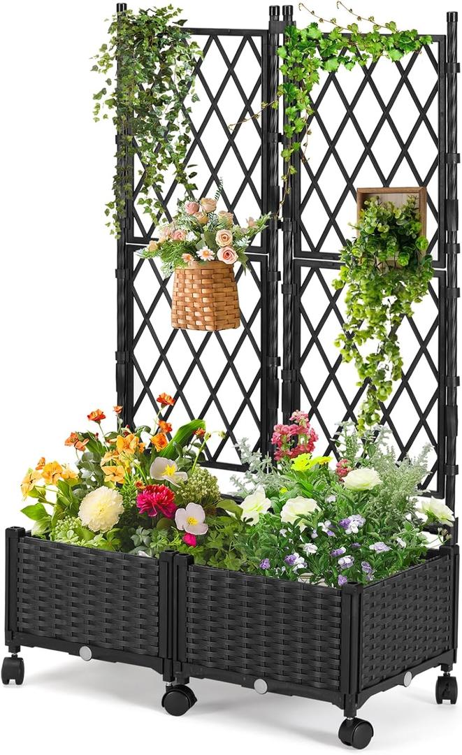 FOLLOOK Planter Box with Trellis, 4ft Tall Self-Watering Plastic Raised Garden Beds and Lattice Trellis with Lockable Wheels & Drain Plug for Outdoor Patio Backyard Balcony, Black, 2 Pcs