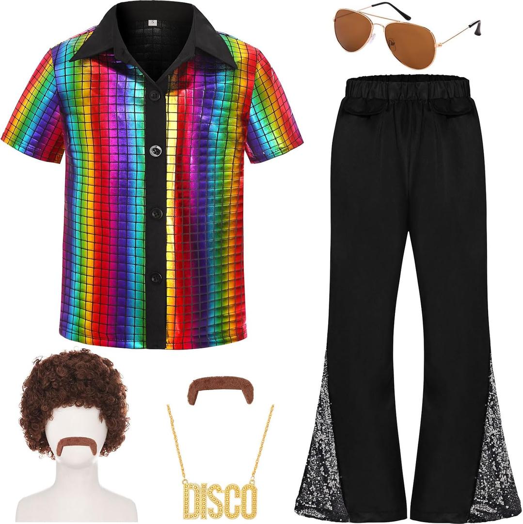 70s Outfits for Boys Kids Disco Costume Halloween Party Dress Up (10-12 Years, Multicolor)