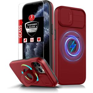 for iPhone 11 Pro Max Case Magnetic Compatible with MagSafe Wireless Charging,with 2 Screen Protectors,Built-in Kickstand Ring+Camera Cover Anti-Scratch Shockproof Heavy Duty Protection Red