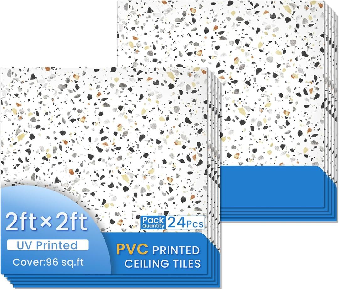 24 PCS 2x2 Ft Faux Printed PVC Ceiling Tiles, 24x24 Inch Terrazzo Speckle Scatter Ceiling Panels, Waterproof Washable Cuttable Material Ideal for Living Room Bedroom Basement Cover 96 Sq.Ft