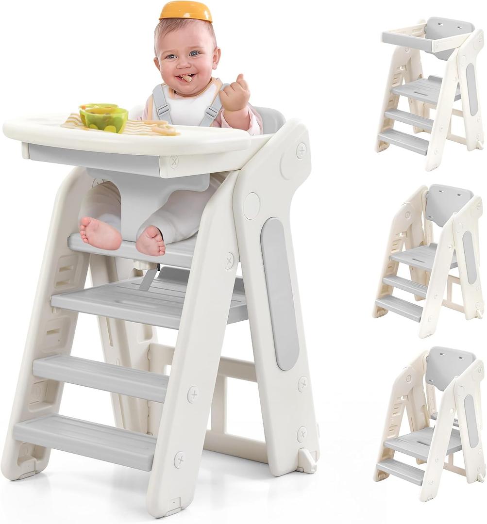 4-in-1 Convertible Toddler Step Stool, Adjustable Height Toddler Tower, Foldable Standing Tower with Safety Fence & Removable Dining Tray, Kids Step Stool for Kitchen Counter Bathroom Sink (Grey)