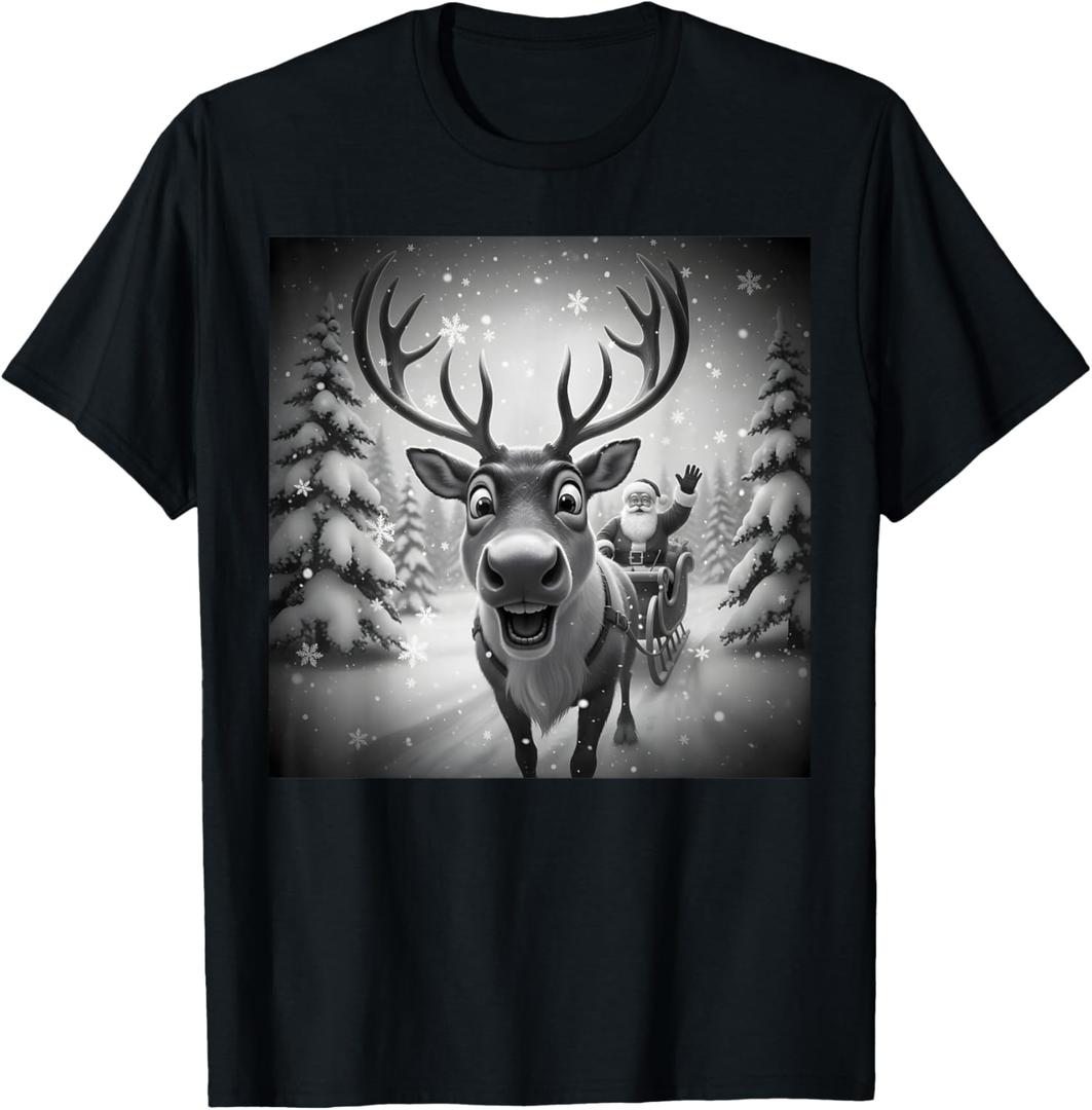 Funny Reindeer Selfie with Santa Merry Christmas Holiday Tee T-Shirt, Size: M