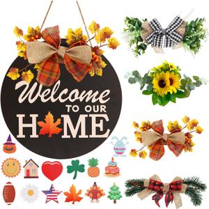 Interchangeable Welcome Sign for Front Door with 4 Seasonal Wreaths and 14 Changeable Icons, Farmhouse Front Porch Décor, Front Door Decoration, Seasonal Rustic Wooden Wall Sign home décor (7wood)