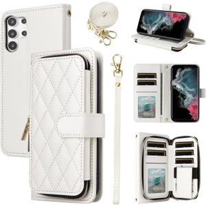 Wallet Case for Samsung Galaxy S23 Ultra 5G with Detachable Wrist Strap, 9+ Card Slots Zipper Purse, Luxury PU Leather Stand Full Body Phone Cover for S23Ultra 23S S 23 23Ultra 6.8 inch White
