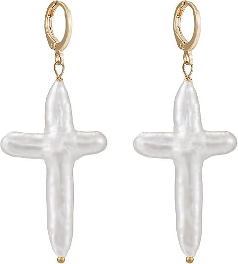 Nature Pearl Cross Earrings Freshwater Cross Pearl earrings Baroque Pearl Dangle Earrings Chunky Cross Earrings Statement Earrings Religious Jewelry