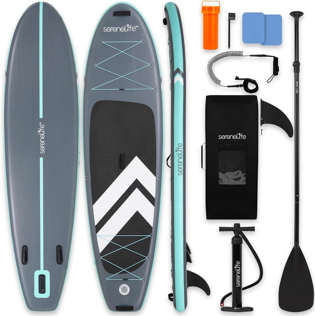 SereneLife 10’ Inflatable Stand Up Paddle Board with Premium SUP Accessories - Wide Stable Design with Non-Slip EVA Deck Pad, for Youth and Adults, 350 lbs. Capacity