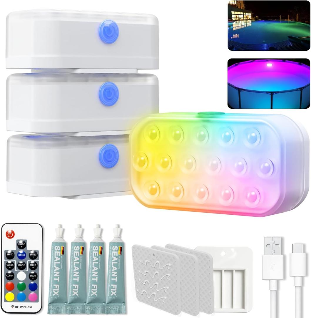 Pool Lights, Upgraded Rechargeable Submersible LED Lights with 16 High-Brightness LEDs, IP68 Waterproof 20 Colors Hot Tub Underwater Pool Light for In-Ground & Above-Ground Pools, Bath, Party, Pack of 4   Pool Lights, Upgraded Rechargeable Submersible LED Lights with 16 High-Brightness LEDs, IP68 Waterproof 20 Colors Hot Tub Underwater Pool Light for In-Ground & Above-Ground Pools, Bath, Party, Pack of 4